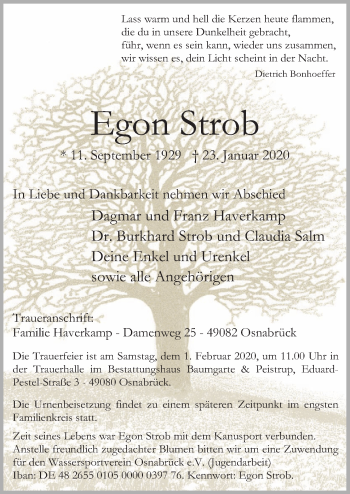 Traueranzeige von Egon Strob von Neue Osnabrücker Zeitung GmbH & Co. KG