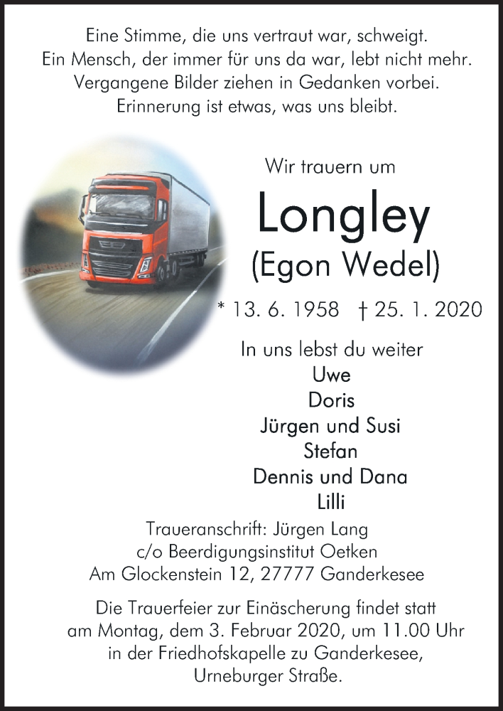  Traueranzeige für Egon Wedel vom 29.01.2020 aus Neue Osnabrücker Zeitung GmbH & Co. KG