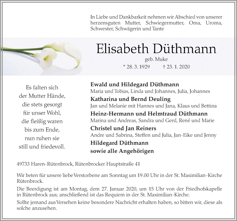  Traueranzeige für Elisabeth Düthmann vom 25.01.2020 aus Neue Osnabrücker Zeitung GmbH & Co. KG