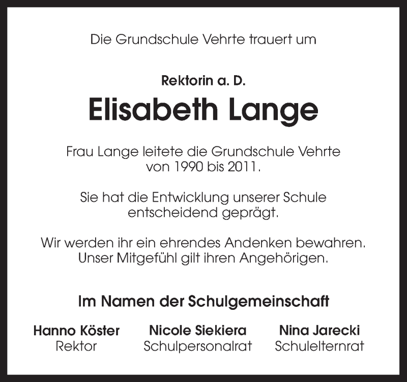  Traueranzeige für Elisabeth Lange vom 16.01.2020 aus Neue Osnabrücker Zeitung GmbH & Co. KG