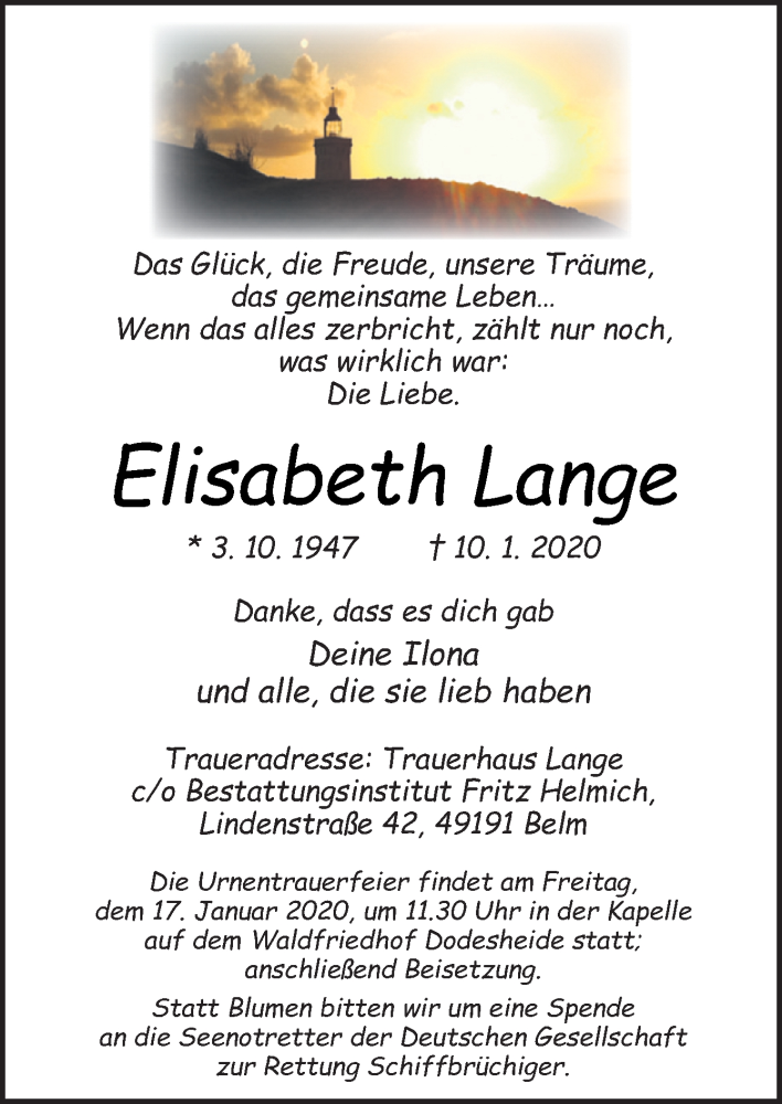  Traueranzeige für Elisabeth Lange vom 13.01.2020 aus Neue Osnabrücker Zeitung GmbH & Co. KG