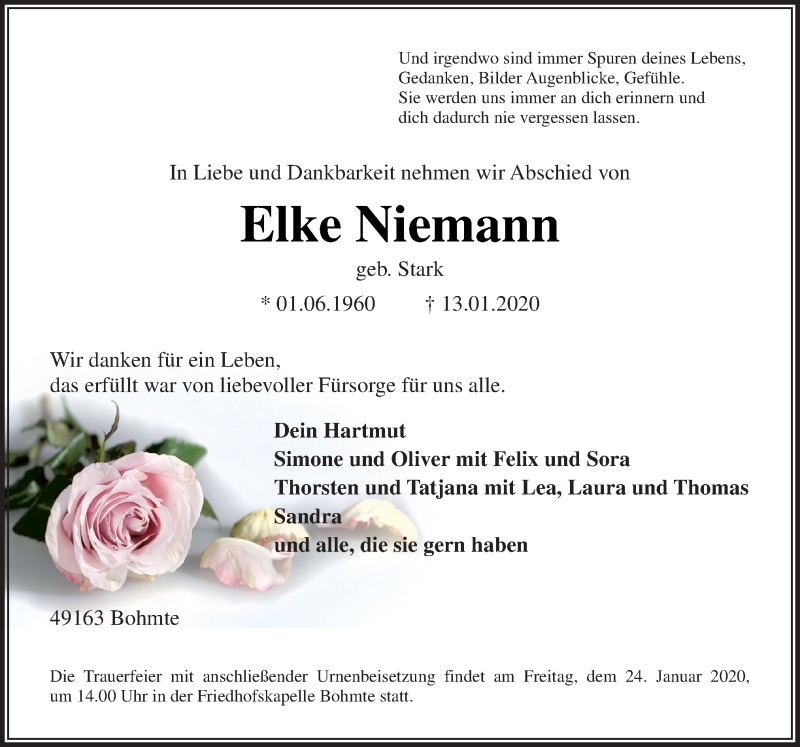  Traueranzeige für Elke Niemann vom 20.01.2020 aus Neue Osnabrücker Zeitung GmbH & Co. KG