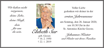 Traueranzeige von Elsbeth Sur von Neue Osnabrücker Zeitung GmbH & Co. KG