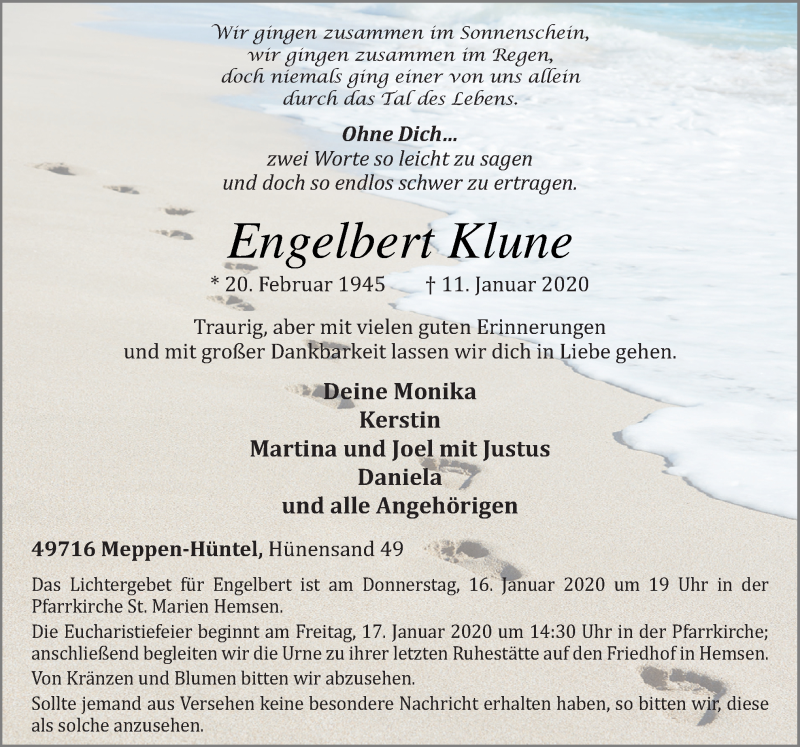  Traueranzeige für Engelbert Klune vom 14.01.2020 aus Neue Osnabrücker Zeitung GmbH & Co. KG