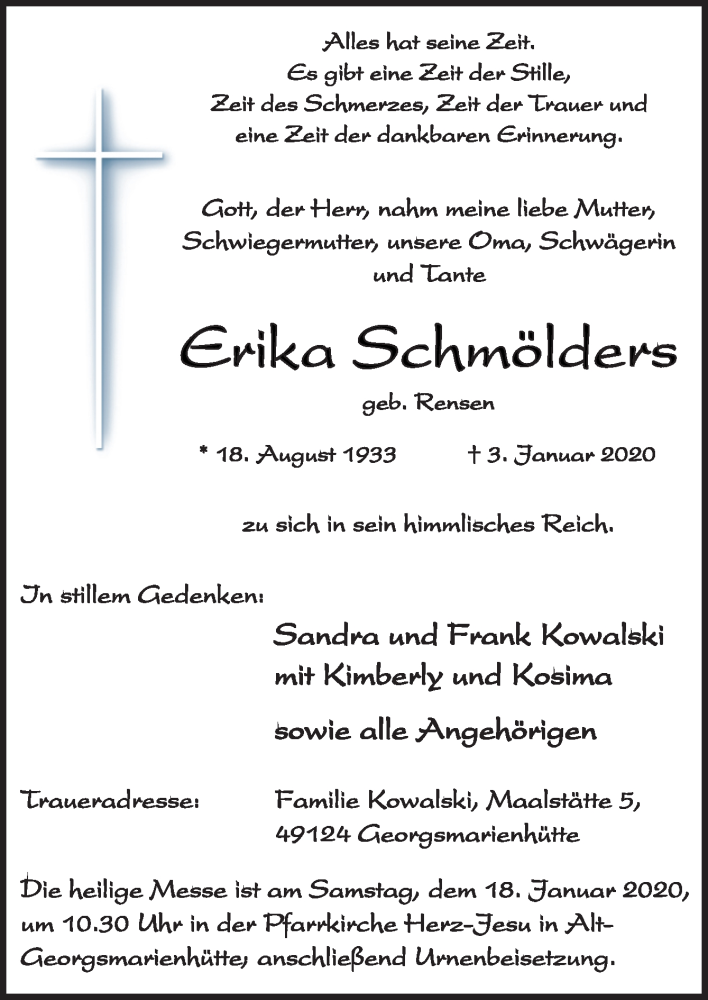  Traueranzeige für Erika Schmölders vom 11.01.2020 aus Neue Osnabrücker Zeitung GmbH & Co. KG