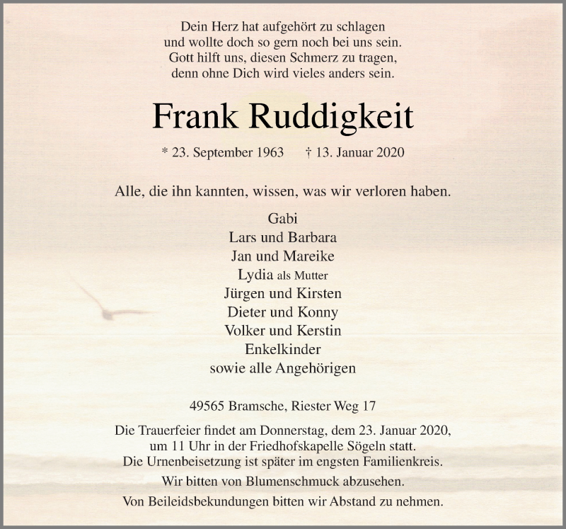  Traueranzeige für Frank Ruddigkeit vom 18.01.2020 aus Neue Osnabrücker Zeitung GmbH & Co. KG