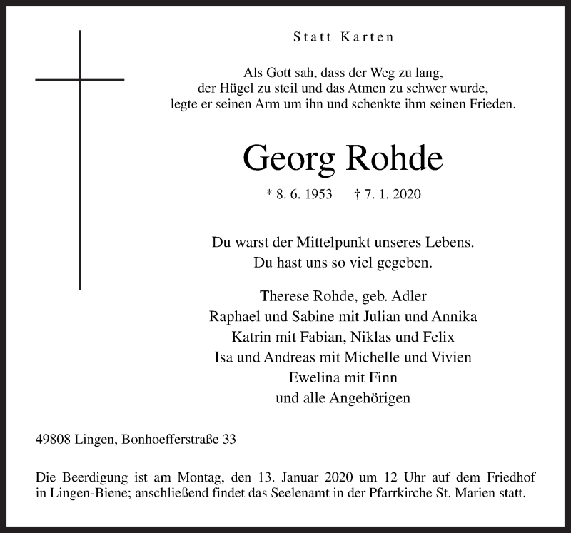  Traueranzeige für Georg Rohde vom 11.01.2020 aus Neue Osnabrücker Zeitung GmbH & Co. KG