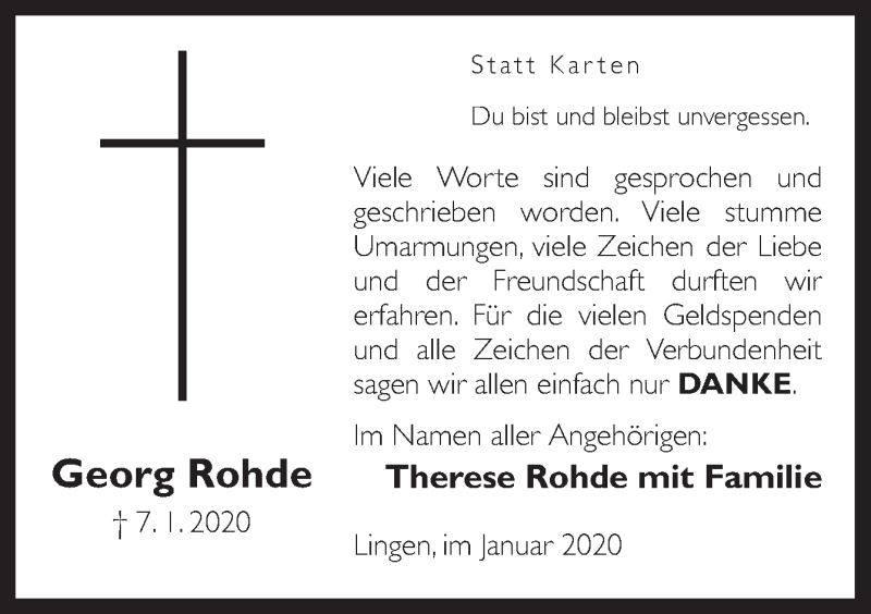  Traueranzeige für Georg Rohde vom 25.01.2020 aus Neue Osnabrücker Zeitung GmbH & Co. KG