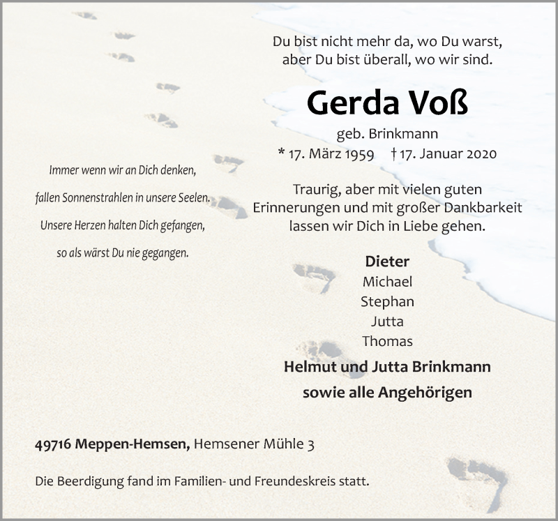  Traueranzeige für Gerda Voß vom 25.01.2020 aus Neue Osnabrücker Zeitung GmbH & Co. KG