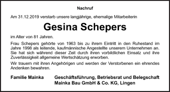 Traueranzeige von Gesina Schepers von Neue Osnabrücker Zeitung GmbH & Co. KG