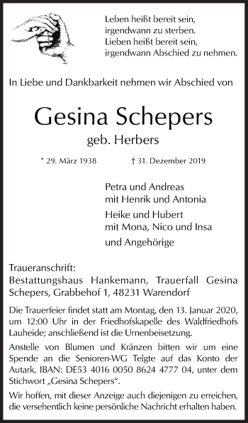 Traueranzeige von Gesina Schepers von Neue Osnabrücker Zeitung GmbH & Co. KG