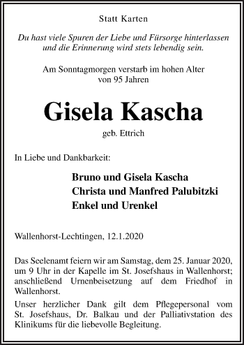 Traueranzeige von Gisela Kascha von Neue Osnabrücker Zeitung GmbH & Co. KG