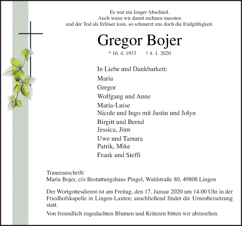  Traueranzeige für Gregor Bojer vom 11.01.2020 aus Neue Osnabrücker Zeitung GmbH & Co. KG