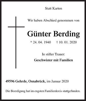 Traueranzeige von Günter Berding von Neue Osnabrücker Zeitung GmbH & Co. KG