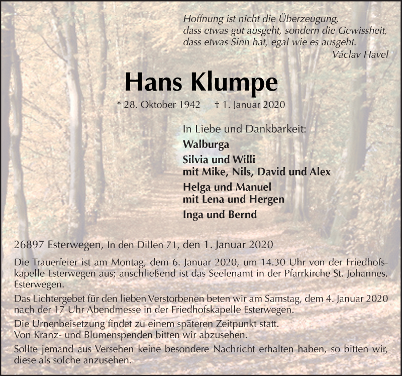  Traueranzeige für Hans Klumpe vom 03.01.2020 aus Neue Osnabrücker Zeitung GmbH & Co. KG