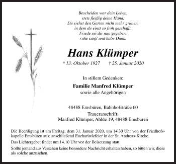 Traueranzeige von Hans Klümper von Neue Osnabrücker Zeitung GmbH & Co. KG