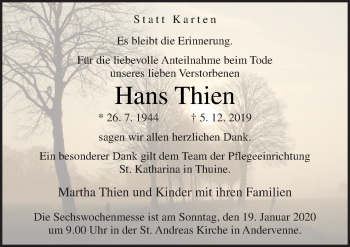 Traueranzeige von Hans Thien von Neue Osnabrücker Zeitung GmbH & Co. KG