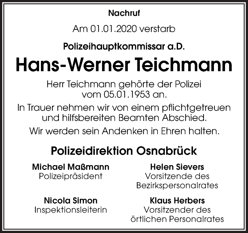  Traueranzeige für Hans-Werner Teichmann vom 08.01.2020 aus Neue Osnabrücker Zeitung GmbH & Co. KG