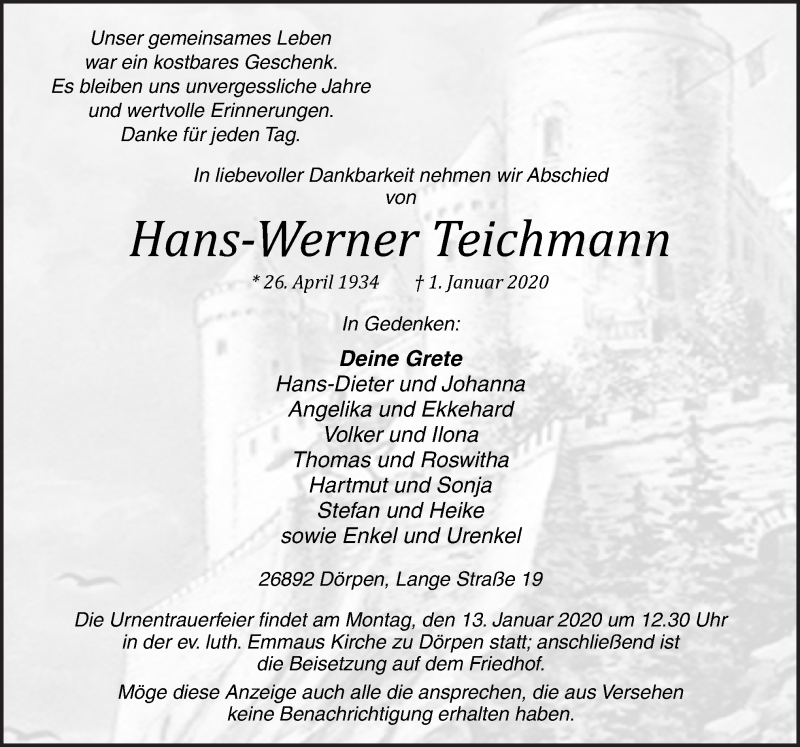  Traueranzeige für Hans-Werner Teichmann vom 04.01.2020 aus Neue Osnabrücker Zeitung GmbH & Co. KG