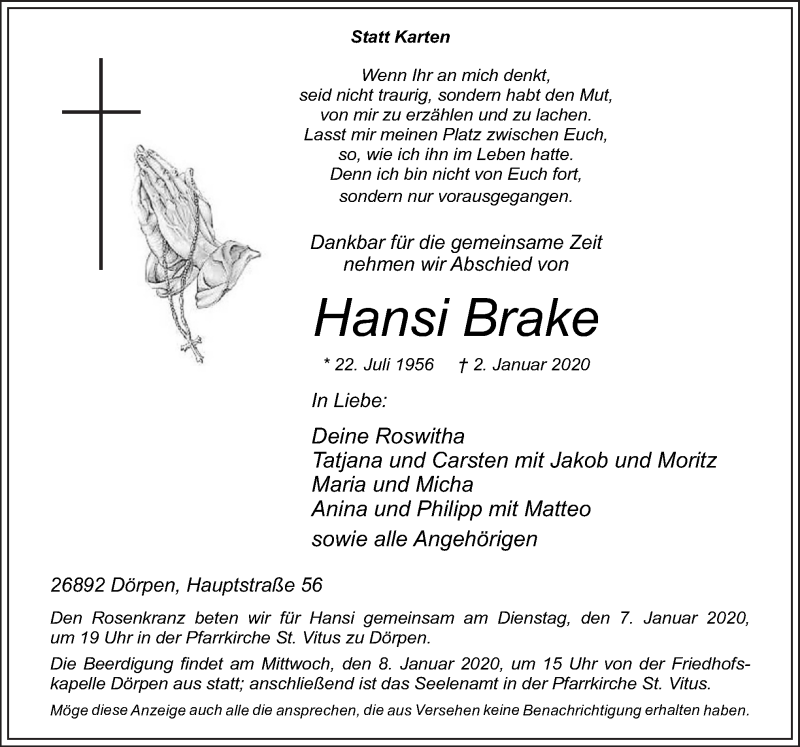  Traueranzeige für Hansi Brake vom 04.01.2020 aus Neue Osnabrücker Zeitung GmbH & Co. KG
