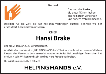 Traueranzeige von Hansi Brake von Neue Osnabrücker Zeitung GmbH & Co. KG