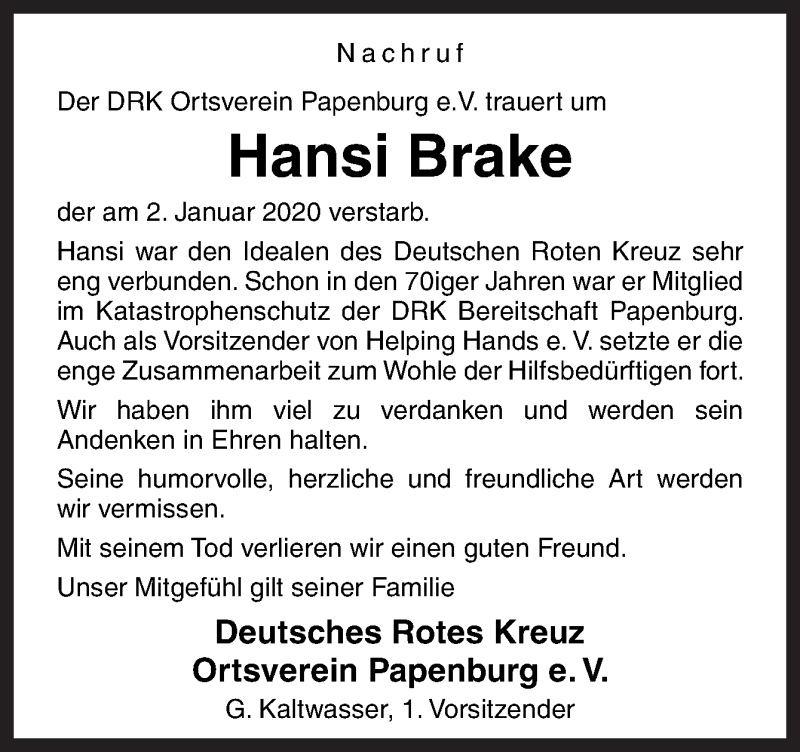  Traueranzeige für Hansi Brake vom 09.01.2020 aus Neue Osnabrücker Zeitung GmbH & Co. KG