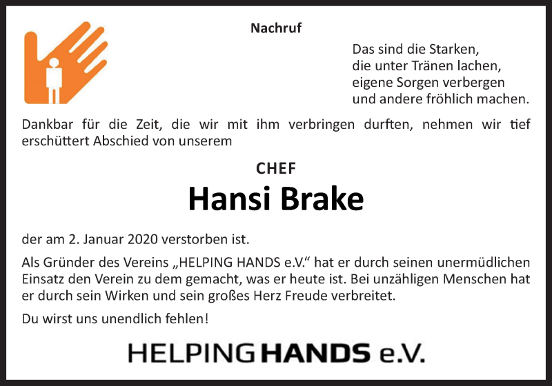 Traueranzeige für Hansi Brake vom 06.01.2020 aus Neue Osnabrücker Zeitung GmbH & Co. KG
