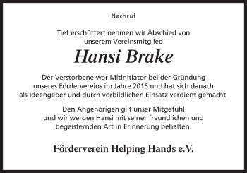 Traueranzeige von Hansi Brake von Neue Osnabrücker Zeitung GmbH & Co. KG