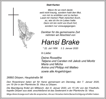 Traueranzeige von Hansi Brake von Neue Osnabrücker Zeitung GmbH & Co. KG