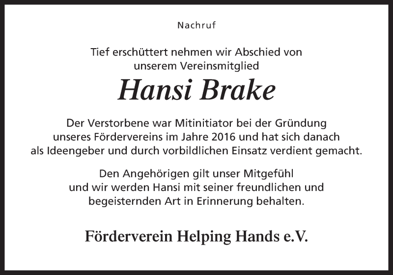  Traueranzeige für Hansi Brake vom 07.01.2020 aus Neue Osnabrücker Zeitung GmbH & Co. KG