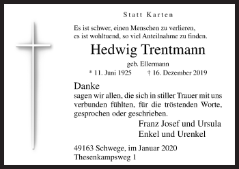 Traueranzeige von Hedwig Trentmann von Neue Osnabrücker Zeitung GmbH & Co. KG