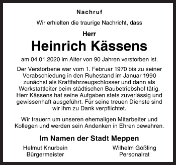 Traueranzeige von Heinrich Kässens von Neue Osnabrücker Zeitung GmbH & Co. KG