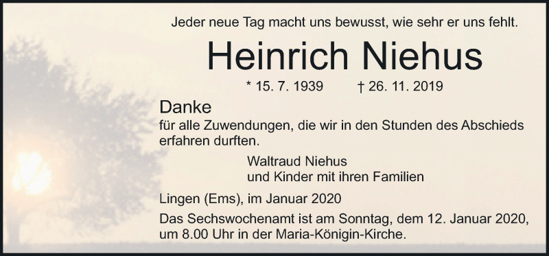  Traueranzeige für Heinrich Niehus vom 08.01.2020 aus Neue Osnabrücker Zeitung GmbH & Co. KG