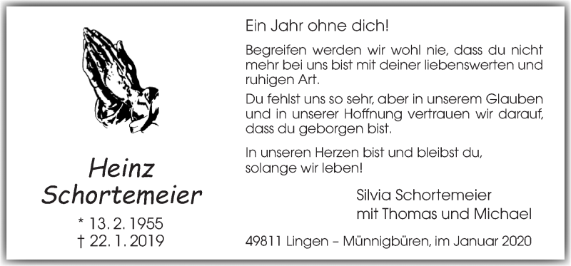 Traueranzeige für Heinz Schortemeier vom 22.01.2020 aus Neue Osnabrücker Zeitung GmbH & Co. KG