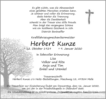 Traueranzeige von Herbert Kunze von Neue Osnabrücker Zeitung GmbH & Co. KG