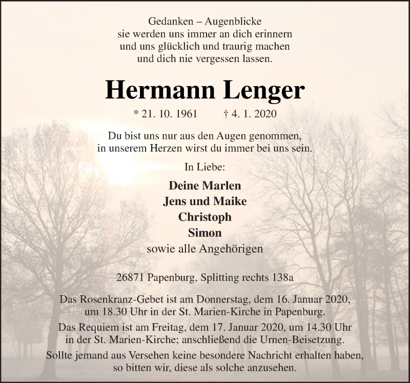  Traueranzeige für Hermann Lenger vom 07.01.2020 aus Neue Osnabrücker Zeitung GmbH & Co. KG