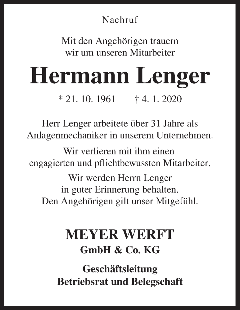  Traueranzeige für Hermann Lenger vom 09.01.2020 aus Neue Osnabrücker Zeitung GmbH & Co. KG