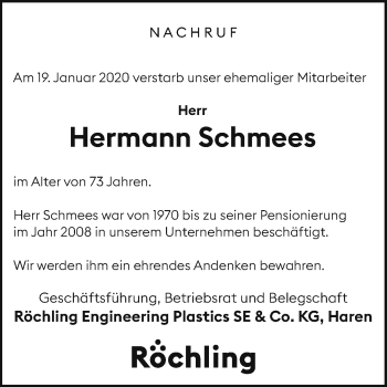 Traueranzeige von Hermann Schmees von Neue Osnabrücker Zeitung GmbH & Co. KG