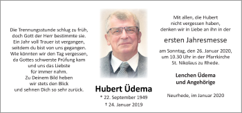 Traueranzeige von Hubert Üdema von Neue Osnabrücker Zeitung GmbH & Co. KG