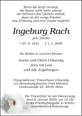 Traueranzeige von Ingeburg Rach von Neue Osnabrücker Zeitung GmbH & Co. KG