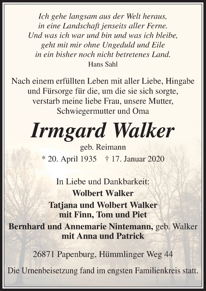  Traueranzeige für Irmgard Walker vom 27.01.2020 aus Neue Osnabrücker Zeitung GmbH & Co. KG