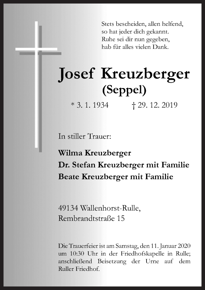  Traueranzeige für Josef Kreuzberger vom 04.01.2020 aus Neue Osnabrücker Zeitung GmbH & Co. KG