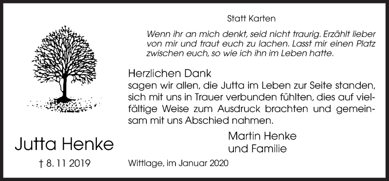  Traueranzeige für Jutta Henke vom 18.01.2020 aus Neue Osnabrücker Zeitung GmbH & Co. KG