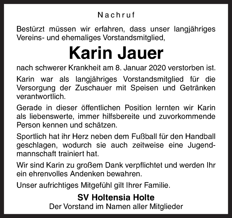  Traueranzeige für Karin Jauer vom 13.01.2020 aus Neue Osnabrücker Zeitung GmbH & Co. KG