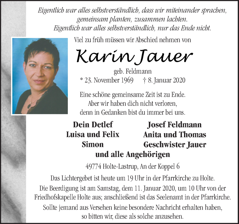  Traueranzeige für Karin Jauer vom 10.01.2020 aus Neue Osnabrücker Zeitung GmbH & Co. KG