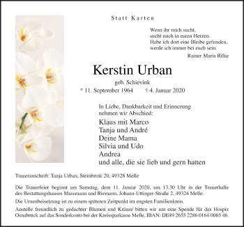 Traueranzeige von Kerstin Urban von Neue Osnabrücker Zeitung GmbH & Co. KG
