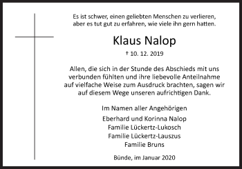 Traueranzeige von Klaus Nalop von Neue Osnabrücker Zeitung GmbH & Co. KG