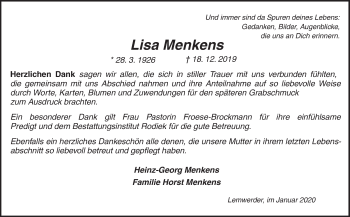 Traueranzeige von Lisa Menkens von Neue Osnabrücker Zeitung GmbH & Co. KG