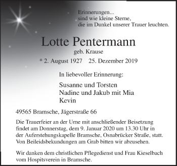 Traueranzeige von Lotte Pentermann von Neue Osnabrücker Zeitung GmbH & Co. KG