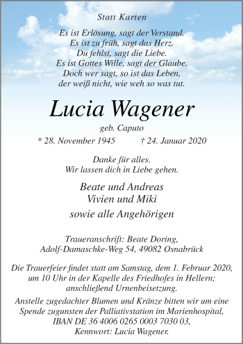 Traueranzeige von Lucia Wagener von Neue Osnabrücker Zeitung GmbH & Co. KG